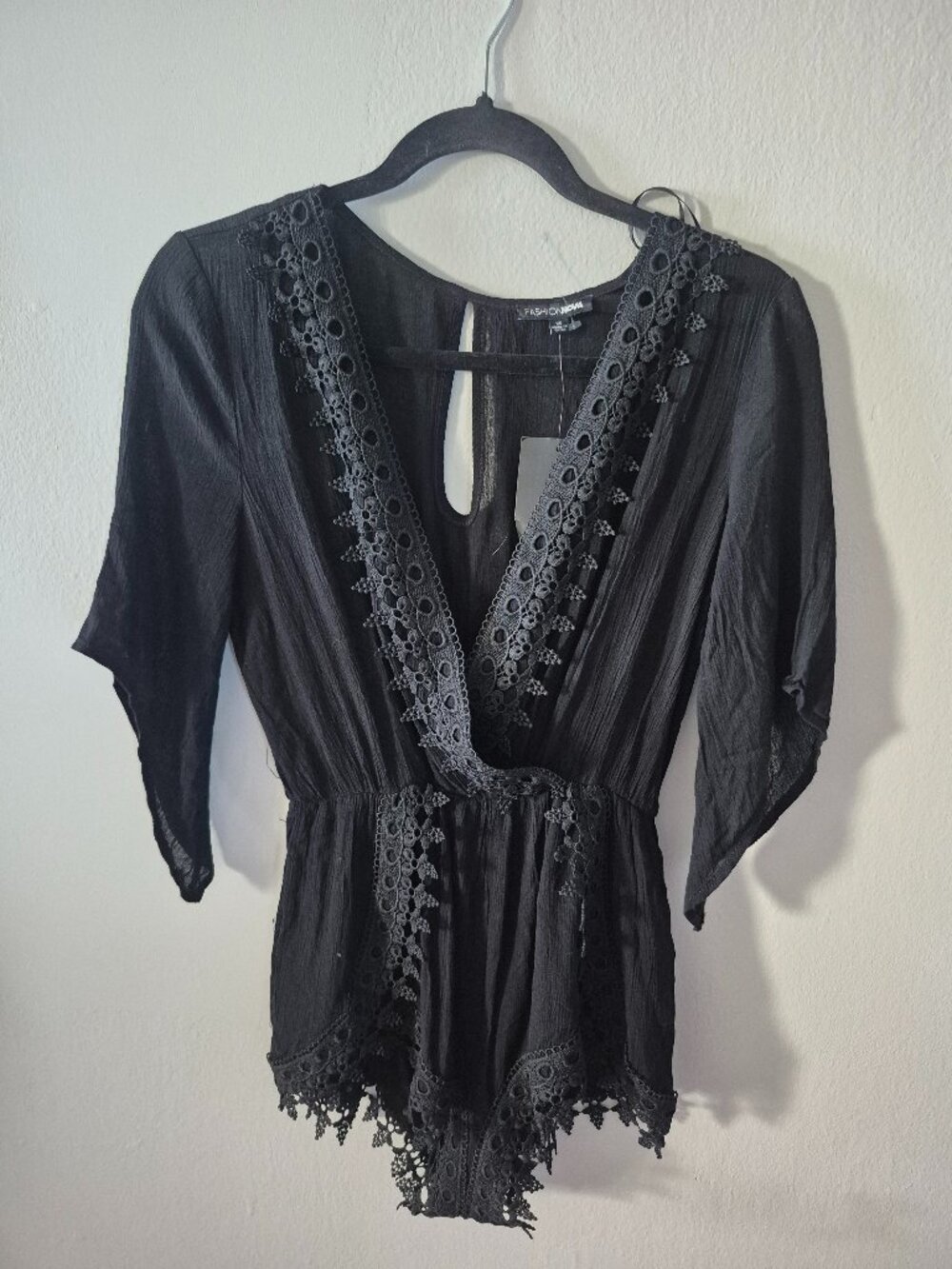 NWT Fashion Nova Black Lace Trim Boho Romper XS Flowy Festival Beach